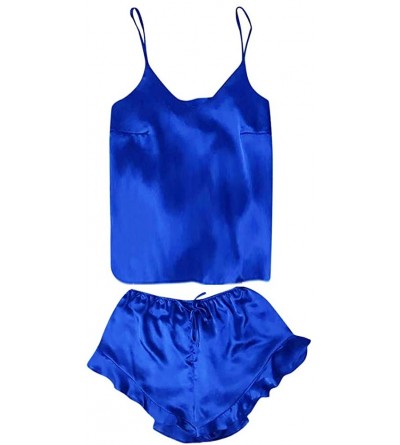 Tops Women Sleepwear Sleeveless Strap Nightwear Lace Trim Satin Cami Top Pajama Sets - A-darkblue - C718UD7H37W $11.52