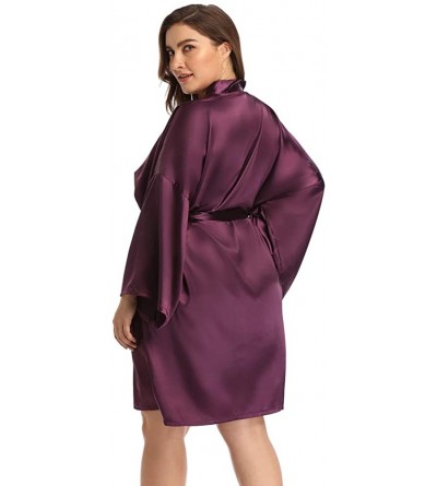 Robes Women's Plus Robes Solid Sleepwear Long Sleeve Bathrobes Silky Loungewear - Purple - CP18TH0KXG6 $19.86