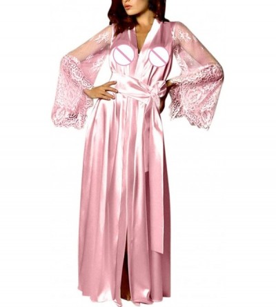 Robes Womens Long Classic Satin Kimono Lounge Bathrobe Robe Gown Lingerie Silk Bridal Bridesmaid Robe with Lace Trim Pink - C...