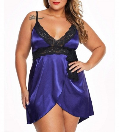 Baby Dolls & Chemises Womens Plus Size Lace Babydoll Satin Chemise Nightgown Lingerie Set - Purple - CV18X6QOG5H $19.43