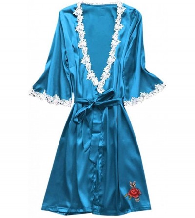 Robes Solid Lace Bathrobe Kimono for Women Wedding Bride Bridesmaid Nightgown Robe with Belt - Dark Blue - C8197SM0Z9W $14.61