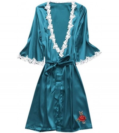 Robes Solid Lace Bathrobe Kimono for Women Wedding Bride Bridesmaid Nightgown Robe with Belt - Dark Blue - C8197SM0Z9W $14.61