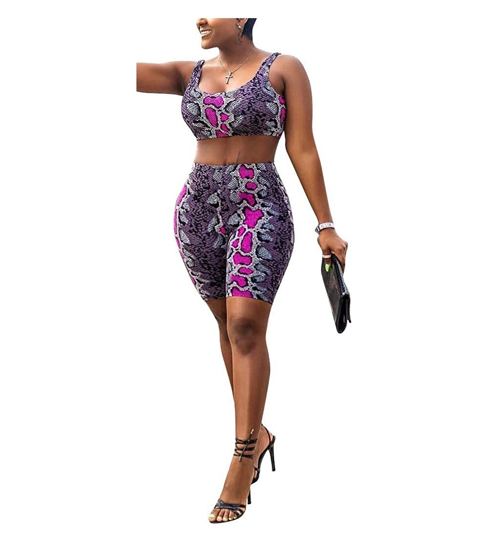 Sets Two Piece Outfits for Women - Sexy Pajamas Crop Tops Workout Shorts Sweatsuits Sets - Snakeskin Purple - CB18T46GLD9 $26.47