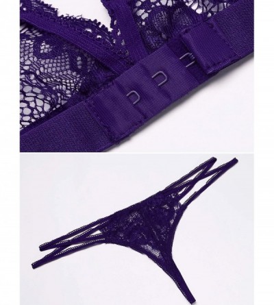 Baby Dolls & Chemises Women Sexy Lingerie Set Lace Bra Panty Strap Babydoll Underwear with Garter Belt - Purple2 - CV18IDG47I...