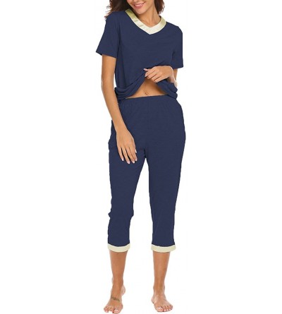 Sets Womens Sleepwear Lightweight Summer Short Sleeve Capri Pajama PJ Set - Navy Blue - C018DNWOINE $28.39