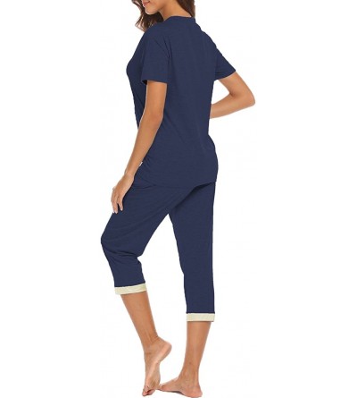 Sets Womens Sleepwear Lightweight Summer Short Sleeve Capri Pajama PJ Set - Navy Blue - C018DNWOINE $28.39
