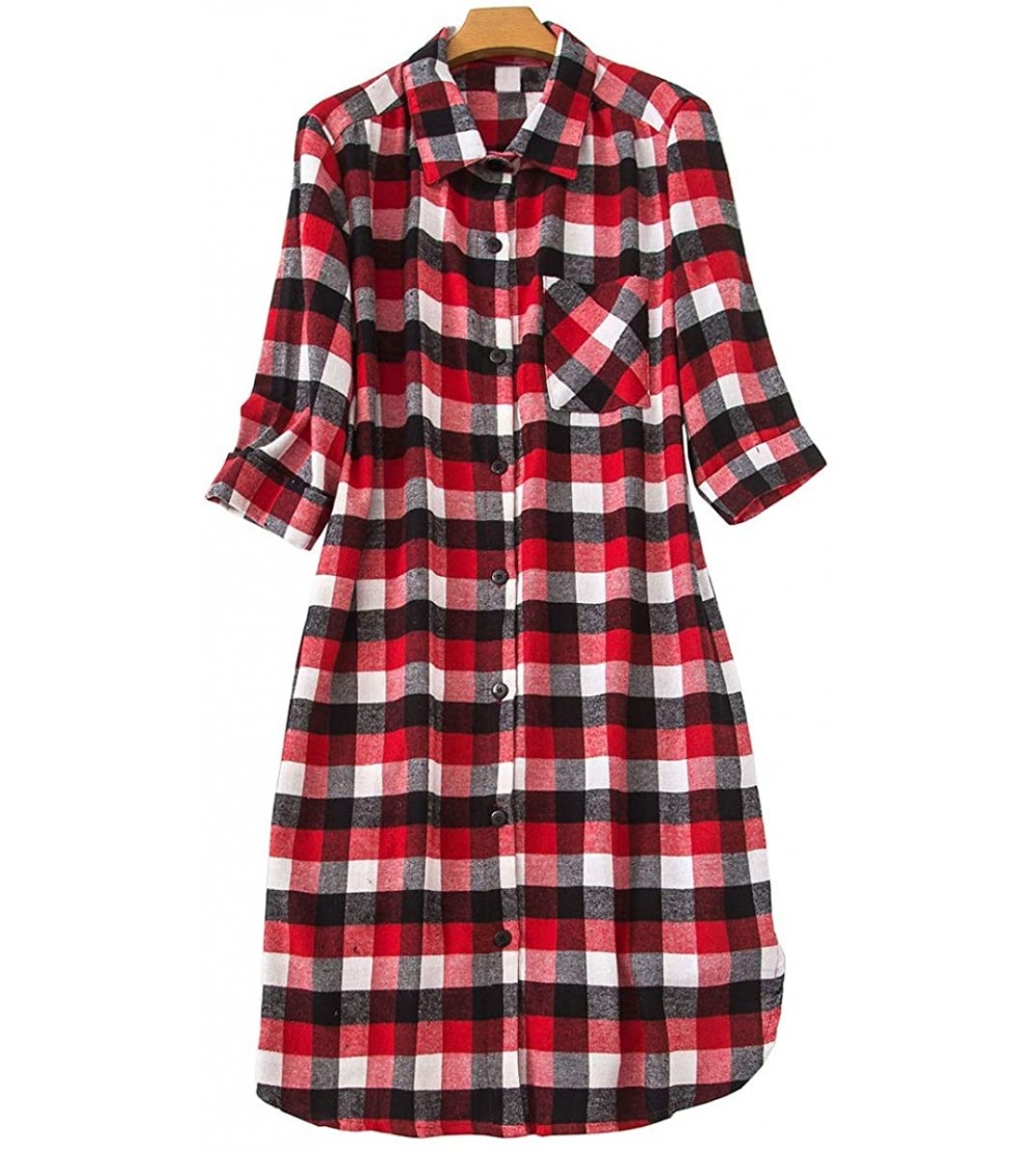 5 Sizes ZIPAA Womens Cotton Plaid Nightshirt 3/4 Sleeve Button-Down Nightgown Flannel Sleepshirt