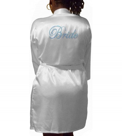 Robes Womens Short Kimono Solid Satin Lounge Robe - White W Blue Bride Rhinestones - CM12JF5649X $27.09