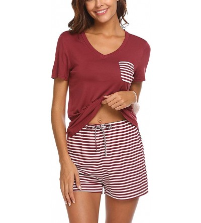 Sets Women's Pajama Set Striped Short Sleeve Top & Pants Sleepwear Nightwear Pjs Sets - Wine Red - Short - CA18QNQL03E $20.32