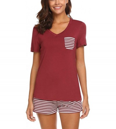 Sets Women's Pajama Set Striped Short Sleeve Top & Pants Sleepwear Nightwear Pjs Sets - Wine Red - Short - CA18QNQL03E $20.32