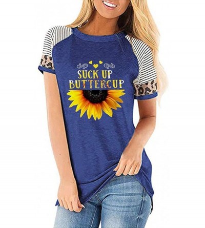 Nightgowns & Sleepshirts Women's Sunflower Leopard Patchwork Short Sleeve O-Neck Print Casual Top T-Shirt - Blue - CD197LWDUU...