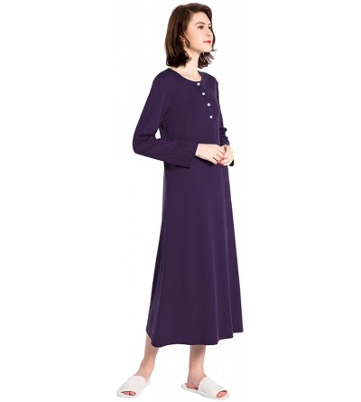 Nightgowns & Sleepshirts Cotton Knit Long Sleeve Nightgown for Women- Henley Full Length Sleep Dress - Purple - CW188407IX2 $...