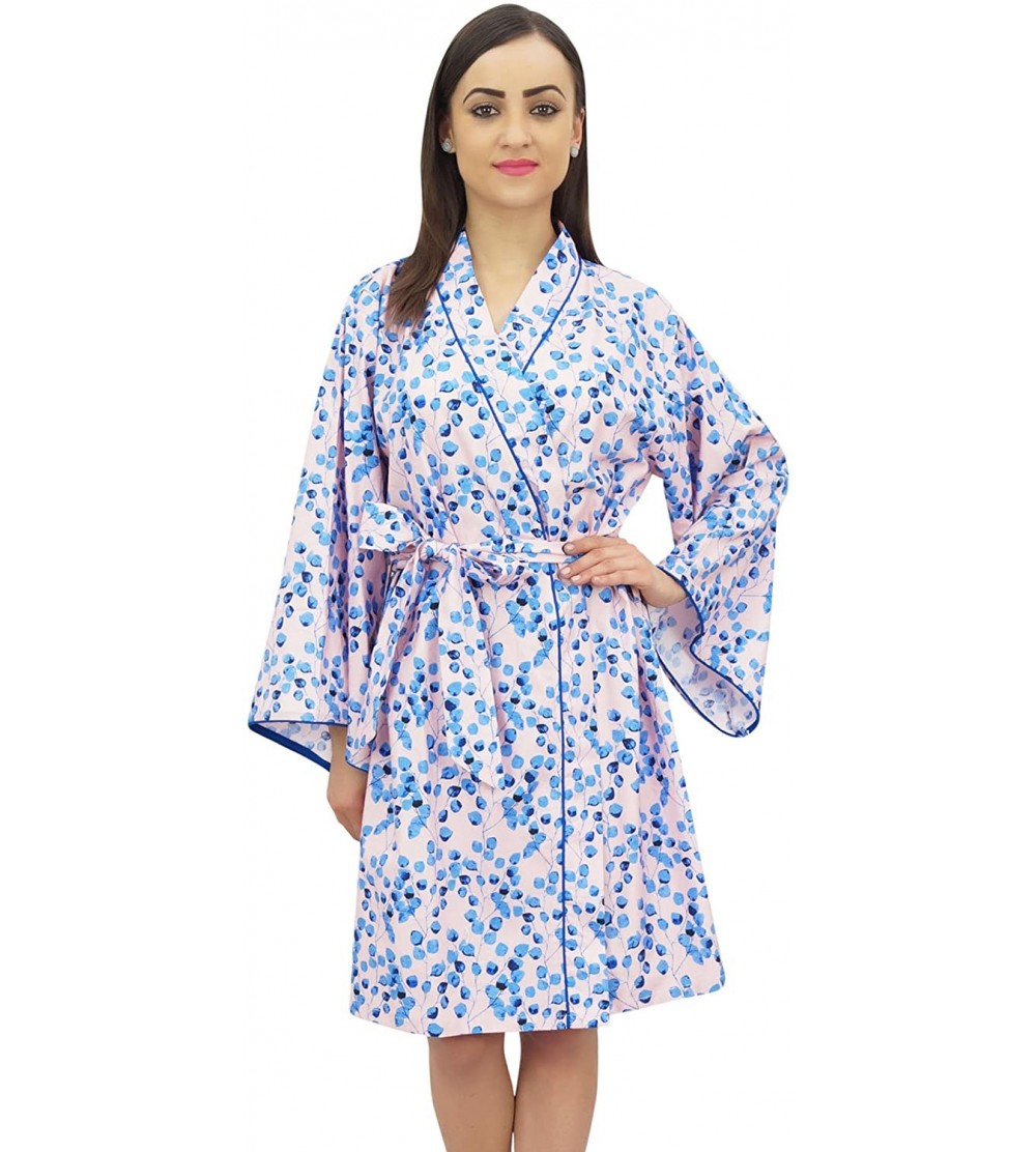 Robes Women's Leaf Printed Kimono Robe Full Sleeve Cotton Poplin Cover Up - Blue - CI18G40ZM70 $27.72