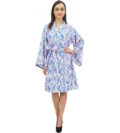 Robes Women's Leaf Printed Kimono Robe Full Sleeve Cotton Poplin Cover Up - Blue - CI18G40ZM70 $27.72