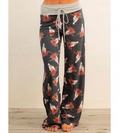 Bottoms Women's Casual Pajama Pants Floral Drawstring Wide Leg High Waist Palazzo Lounge Pants S-3XL - Dark Grey - C618CMUDT6...
