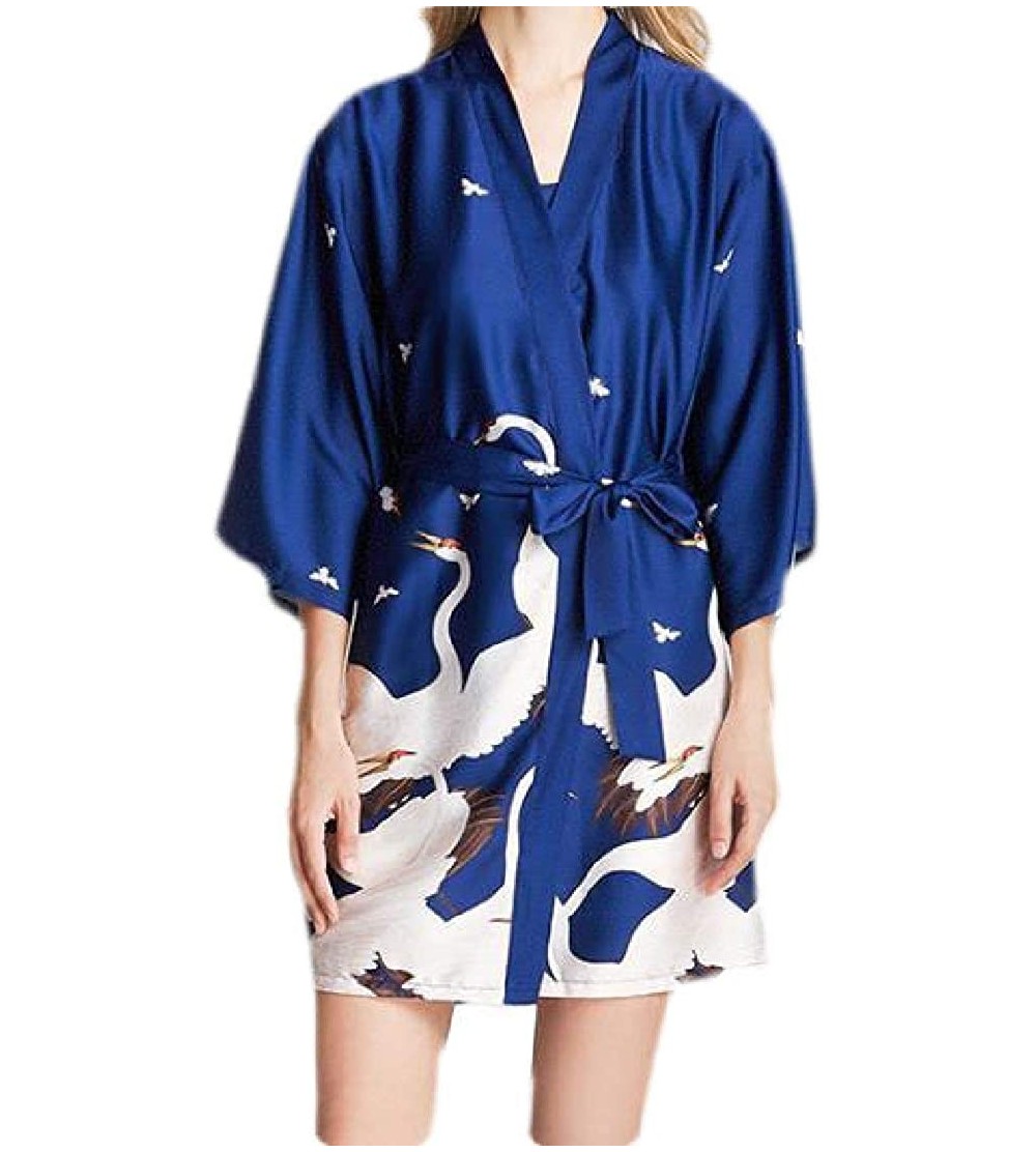 Robes Womens Pajama Homewear Thin Plus Size Flared Sleeve Printed Belt Kimono Floral Sleep Satin Sleep Robe Navy Blue - C719D...