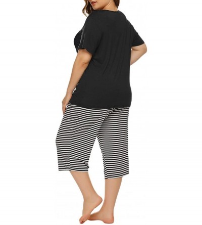 Sets Plus Size Cotton Pajamas Capris Pants Set Striped for Women Sleep Shirts Loungewear Sleepwear 3X 4X 5X - Black-3 - CA19C...