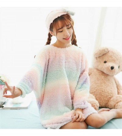 Nightgowns & Sleepshirts Women Flannel Pajamas Fleece Long Sleeve Plus Size Nightgowns Casual Mini Sleep Dress Rainbow Stripe...