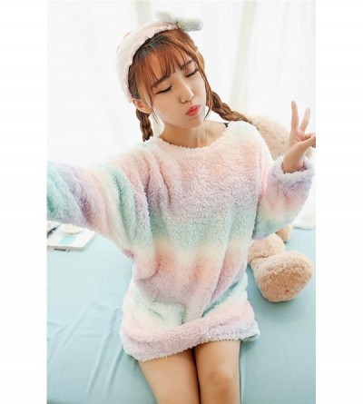 Nightgowns & Sleepshirts Women Flannel Pajamas Fleece Long Sleeve Plus Size Nightgowns Casual Mini Sleep Dress Rainbow Stripe...