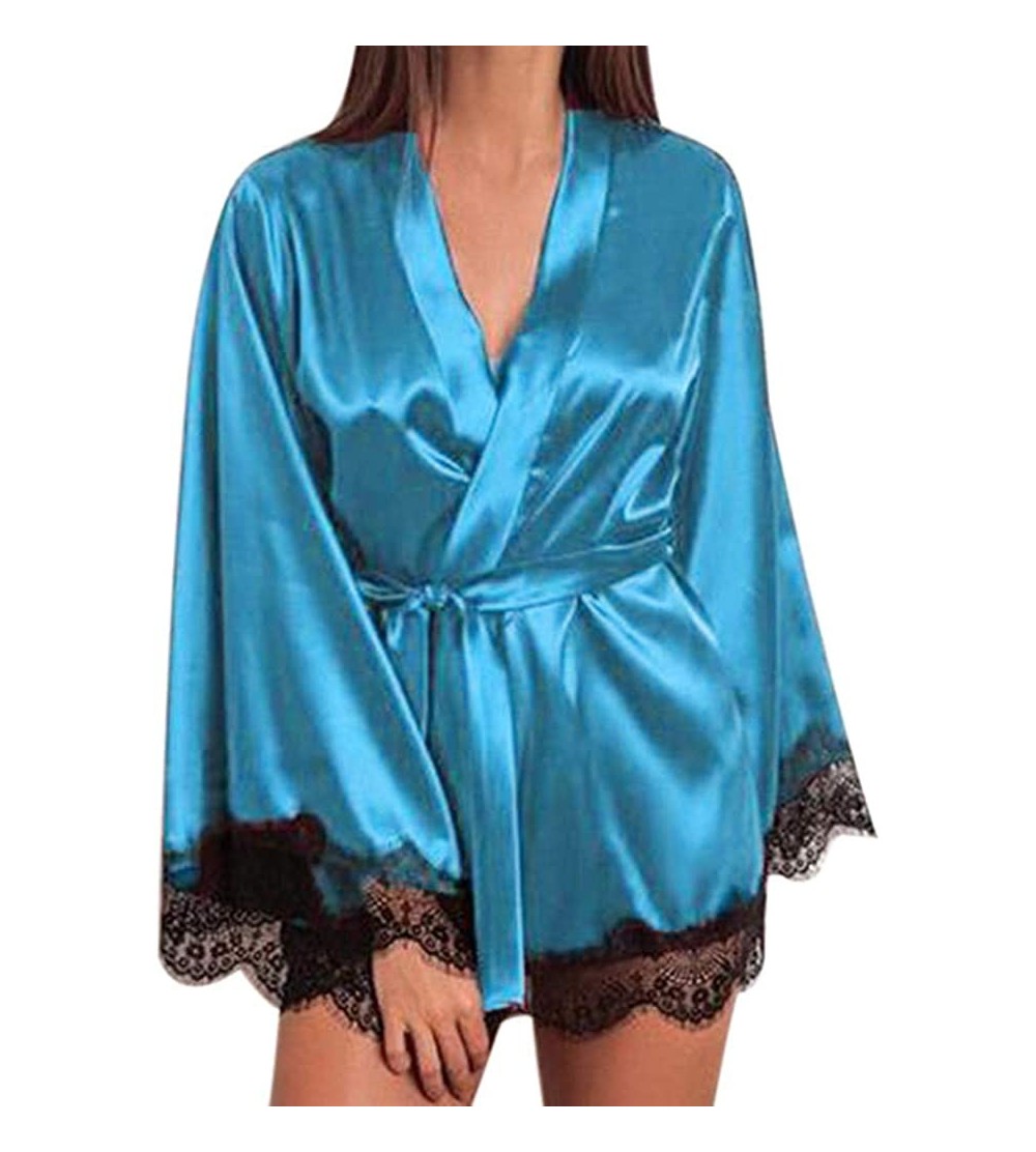 Robes Women's Kimono Satin Robe Satin Lounge Bridesmaids Short Robe Sleepwear - Green - C818M9X2IKS $10.78