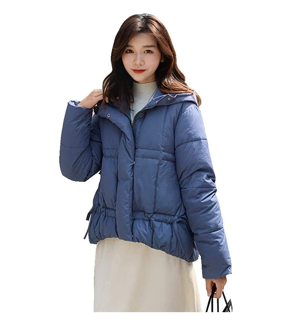 Thermal Underwear Women Short Solid Coat Winter Warm Cotton Jacket Outerwear Loose Blouse - Blue - CS18ZTM4WKT $37.22