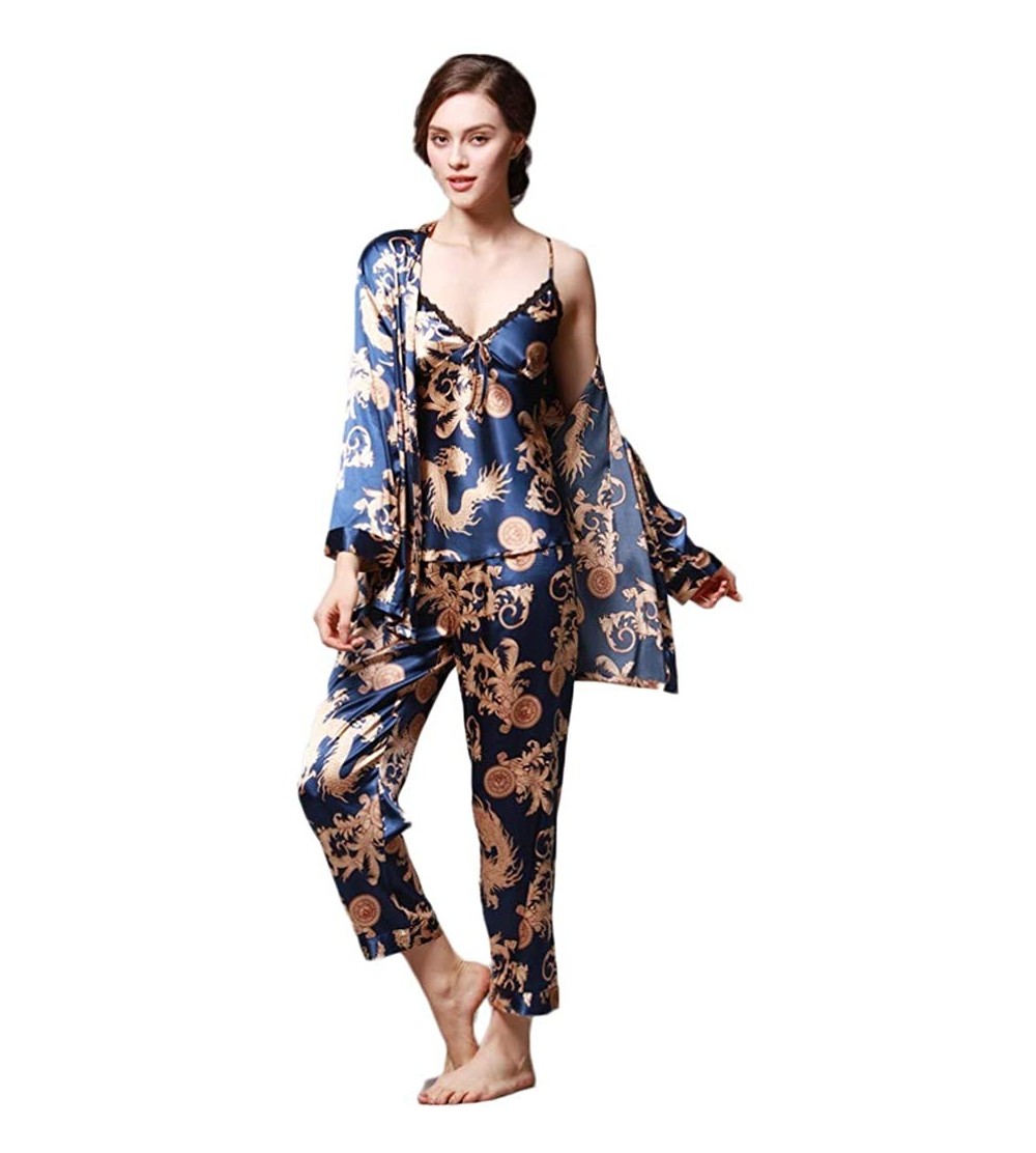 Sets Lady 3PC Pajamas Set Silk Sleepwear Camisole Tops Trousers Cardigan Coat Home Clothes - Blue - CV18QHLCGED $30.59