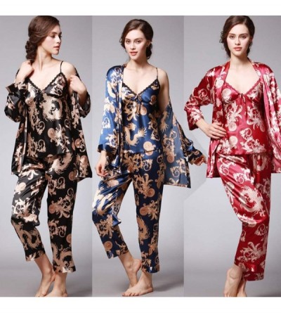 Sets Lady 3PC Pajamas Set Silk Sleepwear Camisole Tops Trousers Cardigan Coat Home Clothes - Blue - CV18QHLCGED $30.59