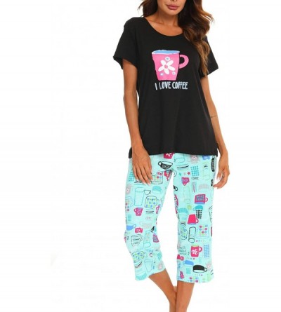 Sets Women's Cute Sleepwear Tops with Capri Pants Pajama Sets - Black Cup - CL18QU95U7C $19.36