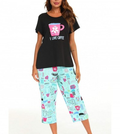 Sets Women's Cute Sleepwear Tops with Capri Pants Pajama Sets - Black Cup - CL18QU95U7C $19.36
