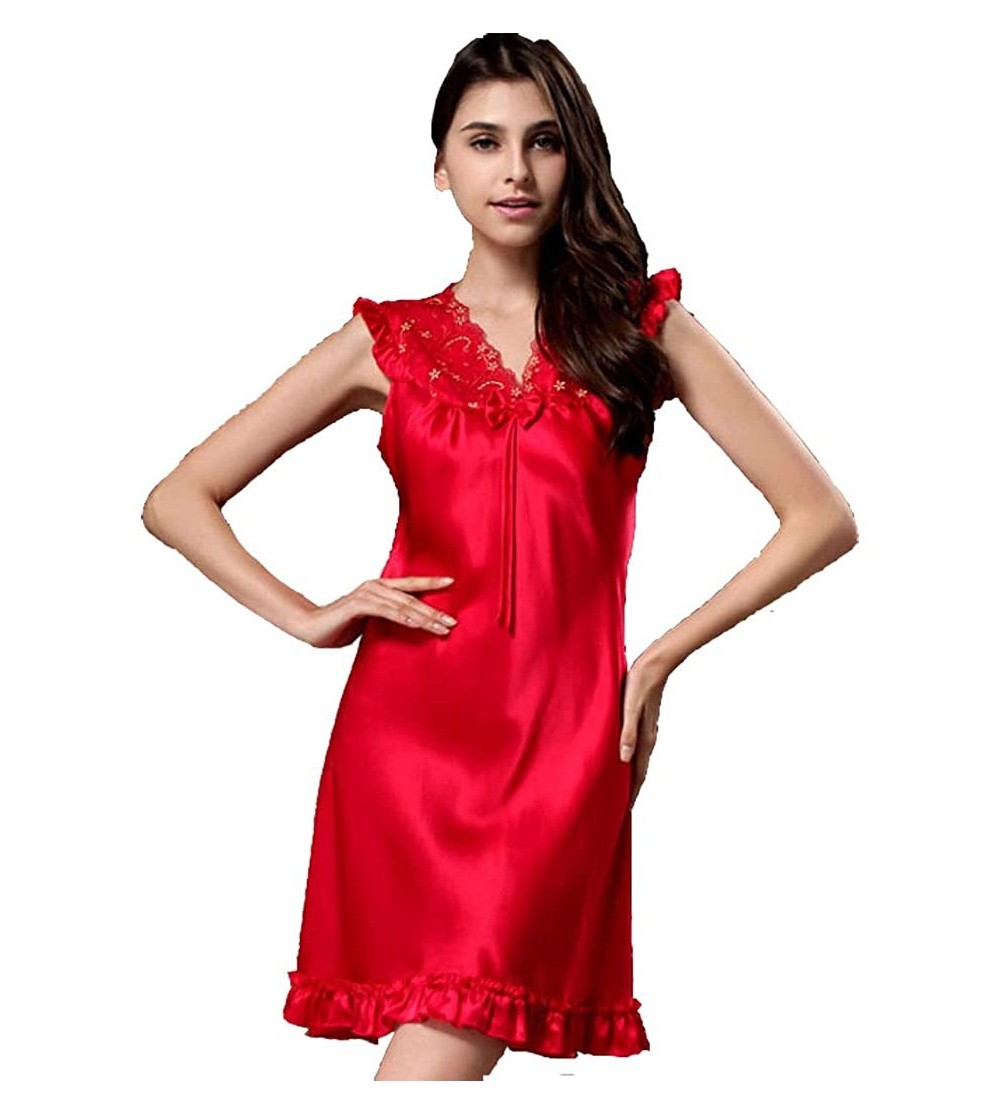 Robes Women's Silk Pajamas-1-Piece Nightdress Skirt-3 Colors-Laces-100% Silk(Main Fabric)-3 Colors-真丝睡衣 - Red - CD19DEXXRLQ $...