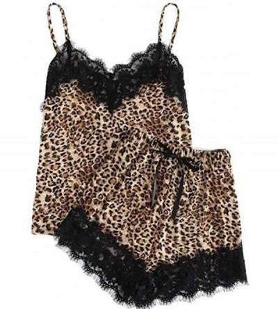 Sets Women Leopard Print Sleepwear Lace Pajamas Set Shorts Nightwear Camisole Short Sets - Gold - CY18TD4H820 $24.37