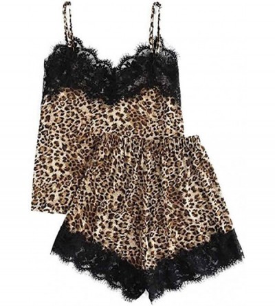 Sets Women Leopard Print Sleepwear Lace Pajamas Set Shorts Nightwear Camisole Short Sets - Gold - CY18TD4H820 $8.68