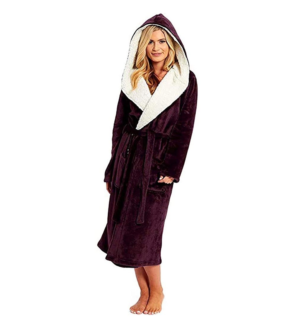 Robes Bathrobe Warm Robe with Hood Plush Home Clothes Lengthened Shawl Sleeved Robe Coat - Red - C618AROTLQX $23.42