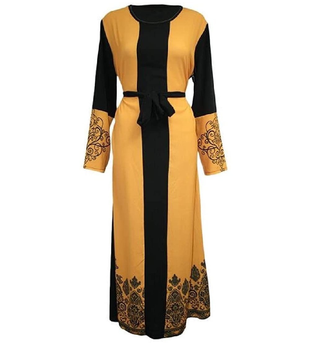 Robes Womens Casual Floral Print Long Sleeve Muslim Abaya Robe Maxi Dress - Yellow - CM198MAQUXY $39.15