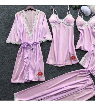 Nightgowns & Sleepshirts Women's 5PCS Silk Satin Pajama Set Cami Top Nightgown Lace Sleepwear Robe Sets Sexy Nightdress with ...