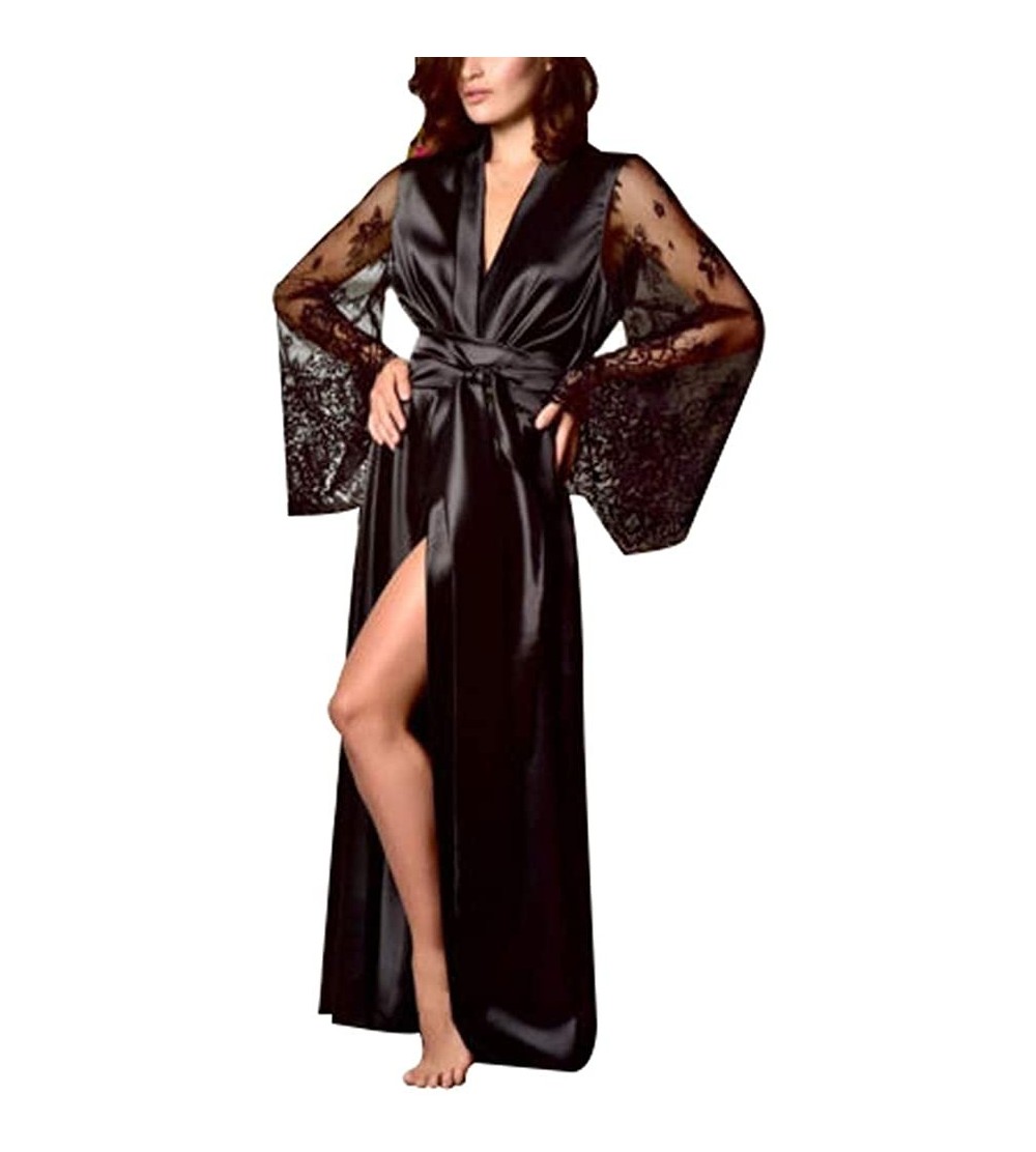 Robes Women Satin Kimono Robes Lace Trim Long Sleeve Loose Nightdress Bathrobe Sleepwear - Black - CB19DOGU3CE $12.71