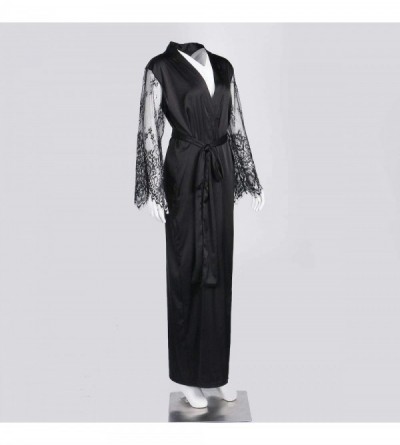 Robes Women Satin Kimono Robes Lace Trim Long Sleeve Loose Nightdress Bathrobe Sleepwear - Black - CB19DOGU3CE $12.71