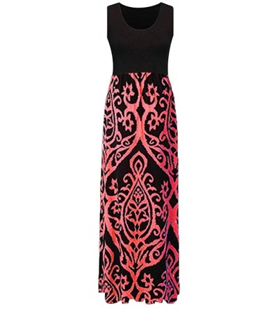 Tops Ladies Long Skirt Round Neck Dress Sleeveless Print Dress Strap Skirt Casual Beach Skirt Solid Color Skirt - Red - CD18W...