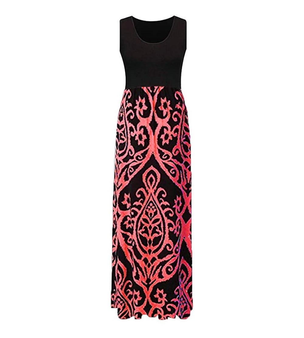 Tops Ladies Long Skirt Round Neck Dress Sleeveless Print Dress Strap Skirt Casual Beach Skirt Solid Color Skirt - Red - CD18W...