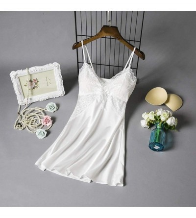 Nightgowns & Sleepshirts Women Chemise Satin Silk Teddy Sleepwear Sexy Pajamas Nightgown Full Slips Lace Dress - White - CE19...
