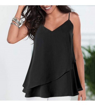 Thermal Underwear Women's Sexy Tops Fashion Solid Color Small Strap Double Ruffled Camisole Blouse - Black - CL18SSD0QDG $17.03