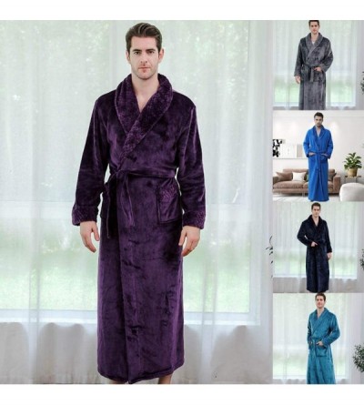 Robes Mens Robe Winter Coral Fleece Bathrobe Plush Long Bathrobe - Blue-man - CZ18Z0UTGRL $27.91