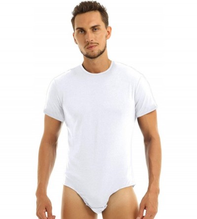 Undershirts Men's Round Neck Short Sleeve Button Crotch Shirt Leotard Bodysuit Snappies Pajamas - Whiteround Neck - CN19DAHLR...