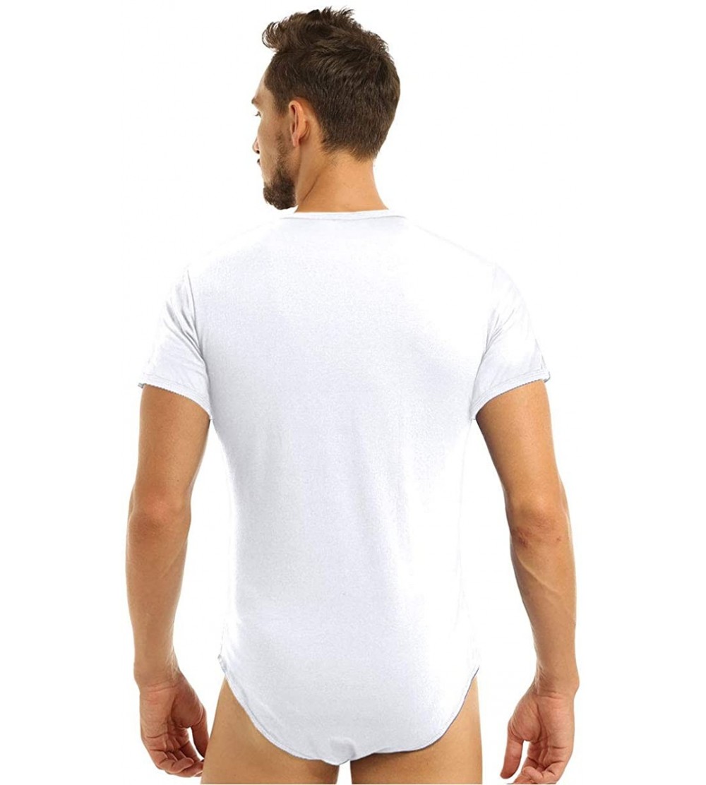 Men's Round Neck Short Sleeve Button Crotch Shirt Leotard Bodysuit ...