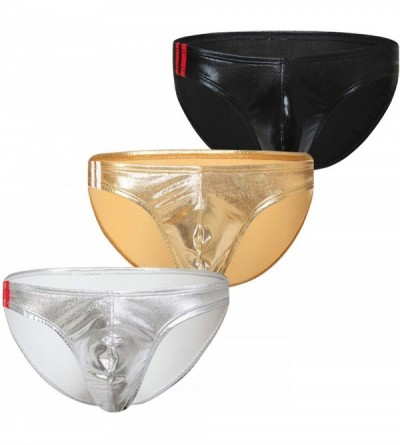Briefs Men's Low Rise Faux Leather Underwear - 3 Pairs Bikinis - Black/Gold/Silver - CP18H0DS02G $11.93