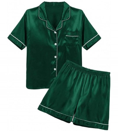 Sleep Sets Mens Silky Satin Pajamas Set Notch Collar Button Down T Shirt Top with Boxer Shorts Loungewear - Green - CS1997DRI...