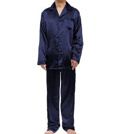 Sleep Sets Men's Satin Pajama Set- Long Sleeve Silky Pajamas - Navy Blue - CX189IQN7EQ $58.25