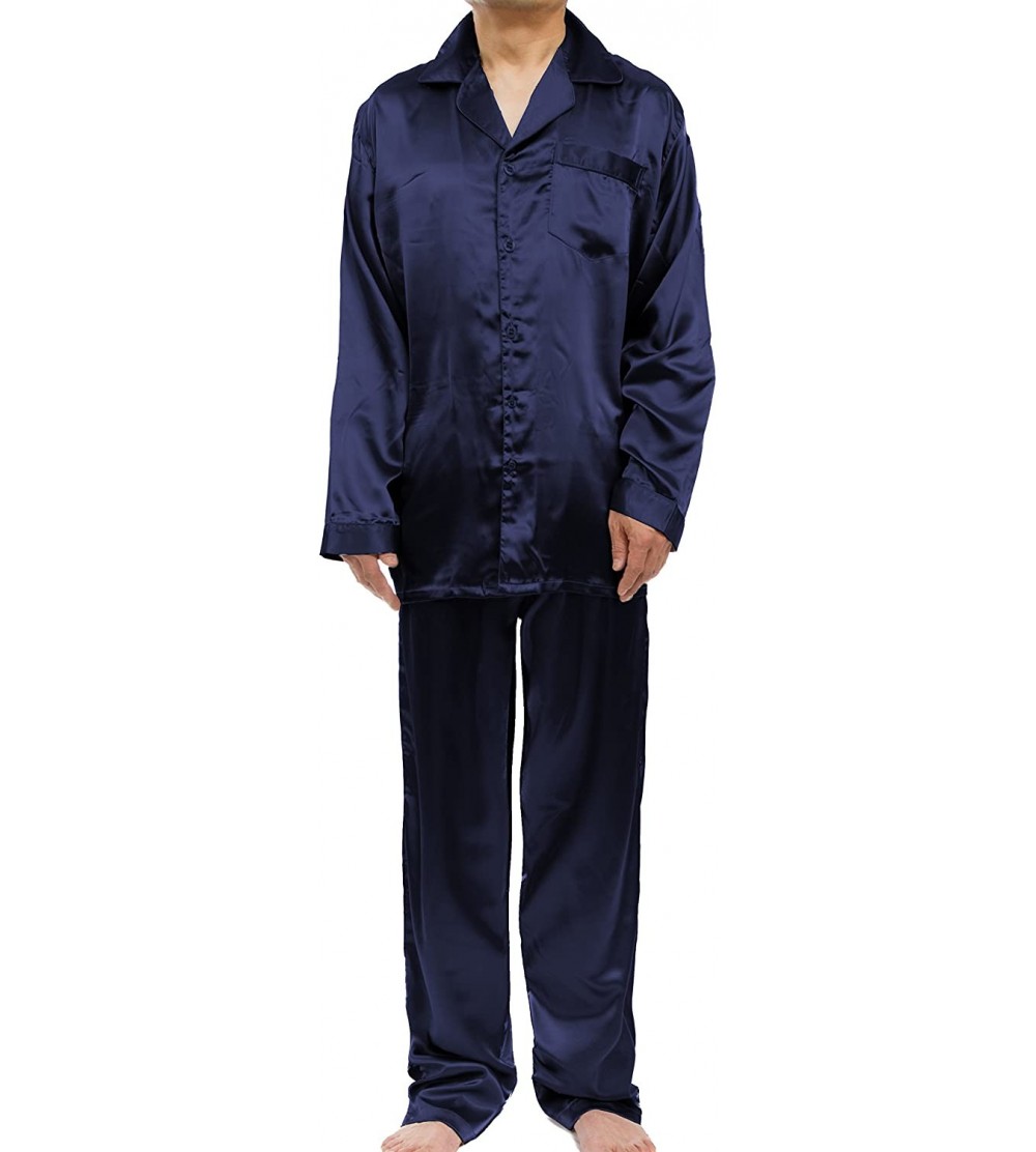 Sleep Sets Men's Satin Pajama Set- Long Sleeve Silky Pajamas - Navy Blue - CX189IQN7EQ $30.48