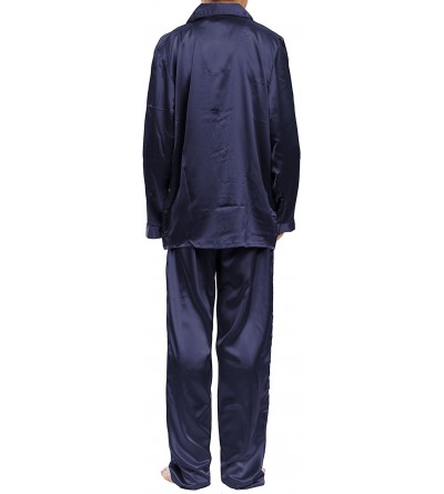 Men's Satin Pajama Set- Long Sleeve Silky Pajamas - Navy Blue - CX189IQN7EQ