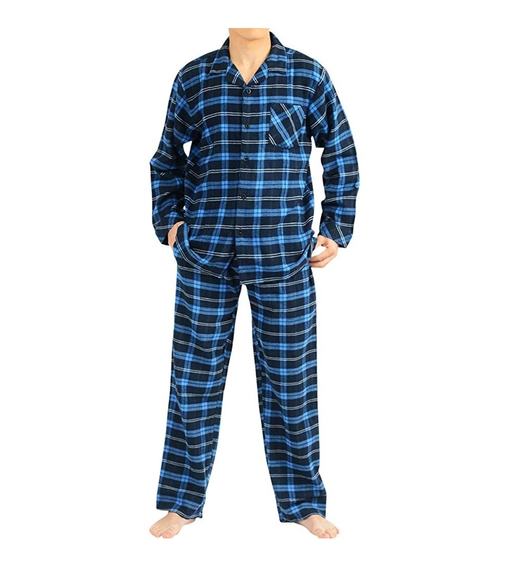 Sleep Sets Flannel Pajamas for Men - Top & Pants/Bottoms Soft Durable Brushed Cotton - Royal-navy Plaid - CF18L3DGRM3 $27.92
